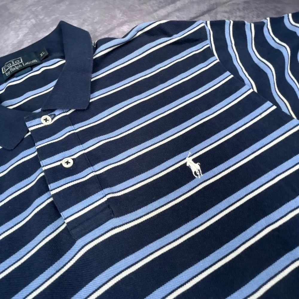 Polo Ralph Lauren Striped Polo Shirt Mens XL Navy‎ Blue Y2K Vintage Boxy Fit